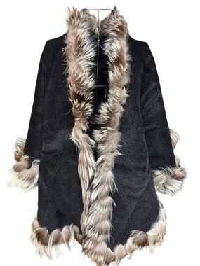 Vintage LJ Suri Alpaca Coat with Plush Fur Trim - Black with Light Brown